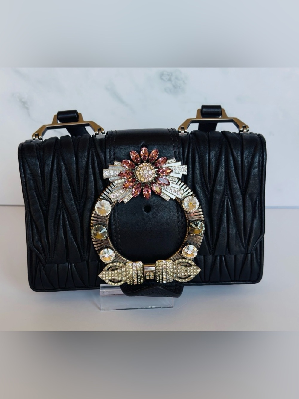 Miu Miu Madras Lady Black Crystal Buckle Crossbody Bag